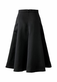 Jupe noire en A en tissu lisse, présentant une taille haute et une fermeture éclair dissimulée à l'arrière, avec une silhouette évasée.
