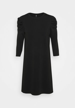 Black dress with three-quarter puff sleeves, round neckline, and A-line silhouette. Soft fabric, smooth texture, and minimalistic design.