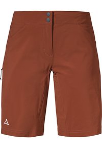 Rostfarbene Shorts aus leichtem Material, mit flachem Bund, zwei Vordertaschen und einer Seitentasche mit Kordelzug.
