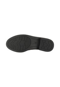 Suola di scarpa in gomma nera con un motivo di battistrada testurizzato, caratterizzata da un design curvo e bordi delineati per una maggiore aderenza.