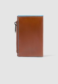 Brown leather wallet with a zippered side, blue accents along the edges, rectangular shape, and smooth texture.