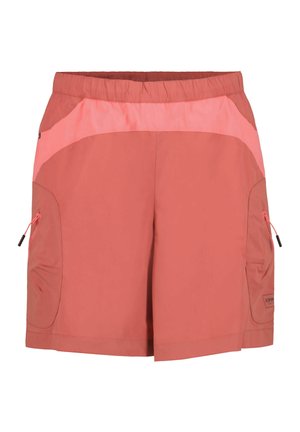 Shorts corail pour femmes avec détail de ceinture rose clair et poches zippées sur les côtés, conçus pour une utilisation en extérieur ou décontractée.