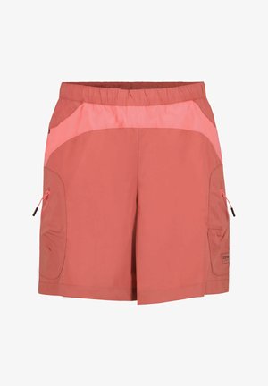 Dameskoraalshorts met lichtroze taillebanddetail en ritssluitingen aan de zijkanten, ontworpen voor buiten- of casual gebruik.