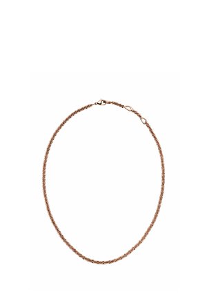 Koperkleurige metalen ketting met een delicate gedraaide ontwerp. Verstelbare sluiting met lussen voor lengteregeleiding en een gladde textuur.