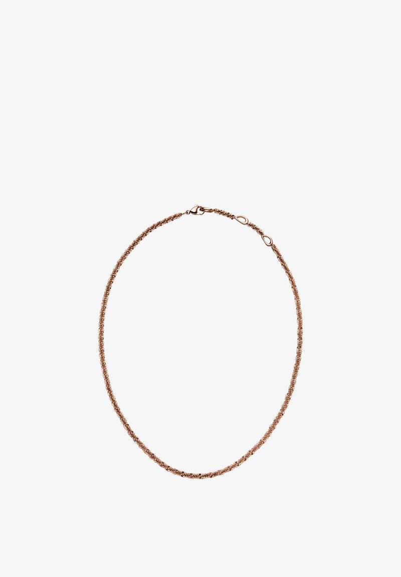 Halskette aus kupferfarbenem Metall mit einem filigranen gedrehten Design. Verstellbarer Verschluss mit Schlaufen zur Längenanpassung und einer glatten Oberfläche.
