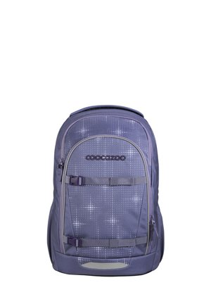 Purple and gray backpack with front zip pocket, two adjustable straps, and dotted pattern on fabric.