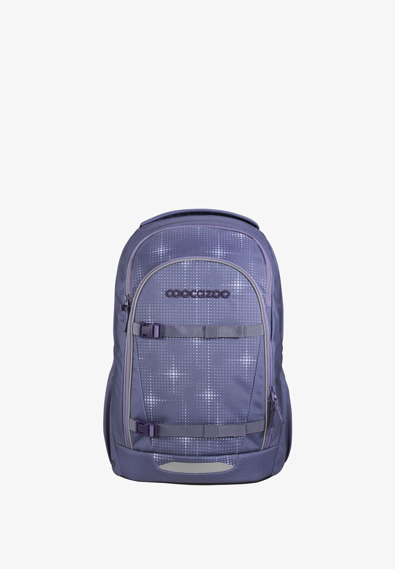 Sac à dos violet et gris avec poche zippée avant, deux bretelles réglables et motif à pois sur le tissu.