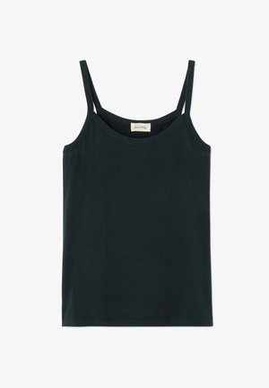 Débardeur noir sans manches en coton doux. Il présente des bretelles fines et un col rond. Pas de motifs ou d'accents supplémentaires.