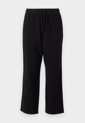 Μαύρο παντελόνι με ίσια γραμμή, ελαστική μέση και κορδόνι, απλωμένο πάνω σε λευκό φόντο.