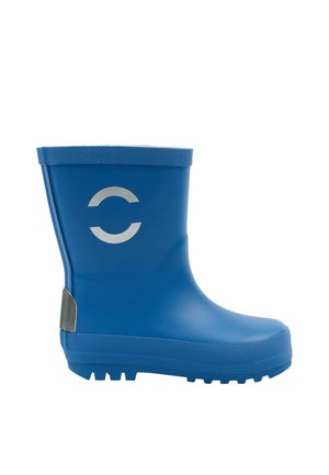 Blauer Gummistiefel mit strukturiertem Profil, grauem runden Logo an der Seite und reflektierendem Aufnäher nahe der Ferse auf weißem Hintergrund.