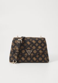 Borsa a tracolla nera con motivo a disegni, caratterizzata da un logo dorato, una tracolla a catena e motivi geometrici. Realizzata in materiale sintetico con un design strutturato.