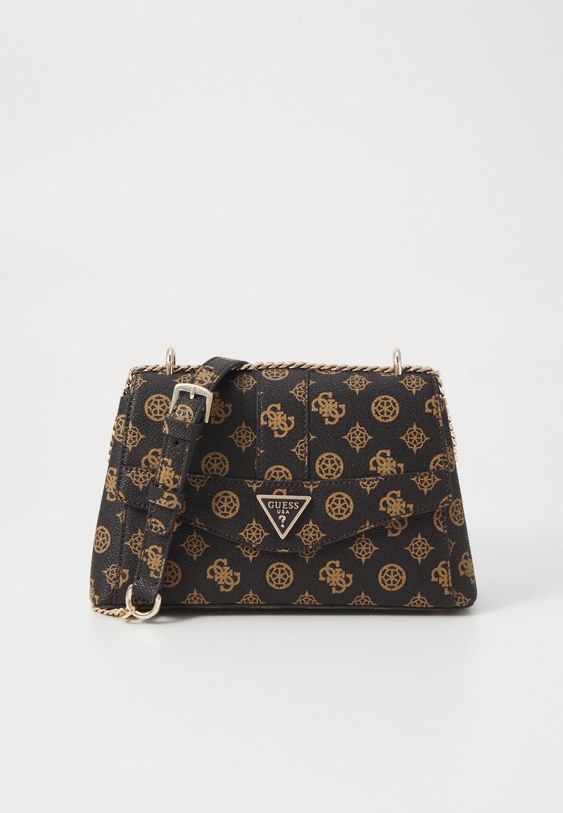 Borsa a tracolla nera con motivo a disegni, caratterizzata da un logo dorato, una tracolla a catena e motivi geometrici. Realizzata in materiale sintetico con un design strutturato.