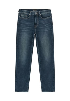 Jeans in denim blu scuro con un classico design a gamba dritta, cinque tasche e una leggera sbiaditura sul tessuto per dare texture.