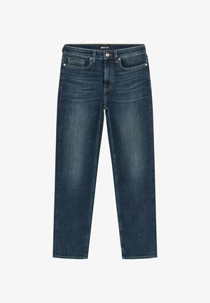 Jeans in denim blu scuro con un classico design a gamba dritta, cinque tasche e una leggera sbiaditura sul tessuto per dare texture.