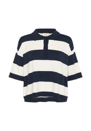 Short-sleeve polo shirt with navy and white horizontal stripes, made of knit material, featuring a collared neck and button placket.