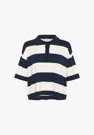 Korte mouwen polo-shirt met marineblauwe en witte horizontale strepen, gemaakt van gebreid materiaal, met een kraag en een knoopsluiting.