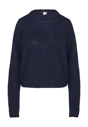 Navyblauer gestrickter Pullover mit cropped Schnitt, Rundhalsausschnitt und langen Ärmeln, aus einem strukturierten Stoff mit offener Webstruktur.