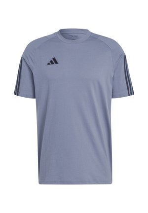 T-shirt de sport à manches courtes violet clair avec logo Adidas noir sur la poitrine et trois bandes noires sur chaque manche.