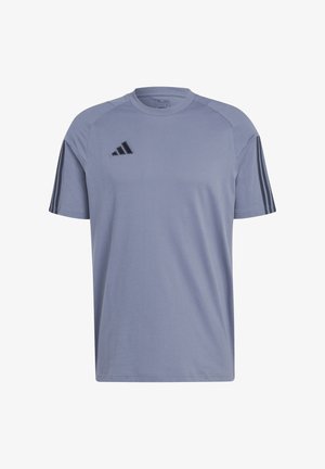 T-shirt de sport à manches courtes violet clair avec logo Adidas noir sur la poitrine et trois bandes noires sur chaque manche.
