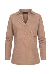 Bruine langwerpige top met lange mouwen en een kraag, voorzien van een diagonale knoopsluiting en een gladde, gestructureerde stof. Minimalistisch ontwerp met schuine naden.