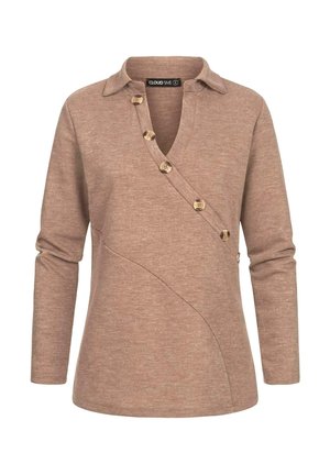 Brown long-sleeve top with a collar, featuring a diagonal button closure and a smooth, textured fabric. Minimalist design with slanted seams.