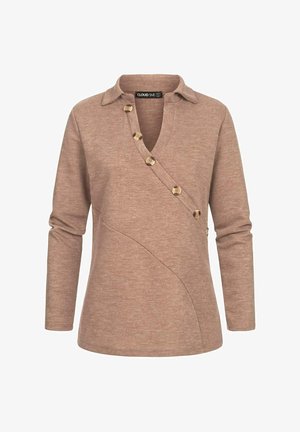 Braun langärmliges Oberteil mit Kragen, ausgestattet mit einem diagonalen Knopfverschluss und einem glatten, strukturierten Stoff. Minimalistisches Design mit schrägen Nähten.