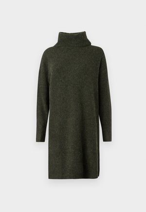 Zelené pletené šaty s rolákem, dlouhými rukávy, žebrovanými manžetami a bočními rozparky, s měkkou texturou a volným střihem.
