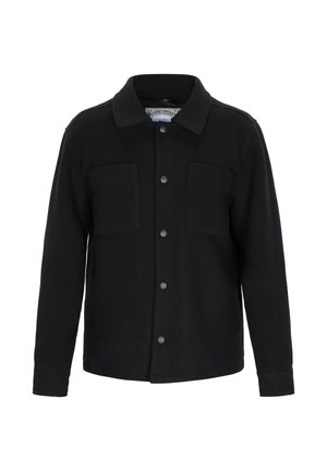 Zwarte button-up jas gemaakt van zacht materiaal. Voorzien van twee voorkruiszakken, een standaard kraag en een relaxte pasvorm. Gladde textuur.