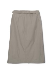 Jupe beige longueur genou en tissu léger, avec une taille élastique, une poche latérale et une coupe droite et ajustée.