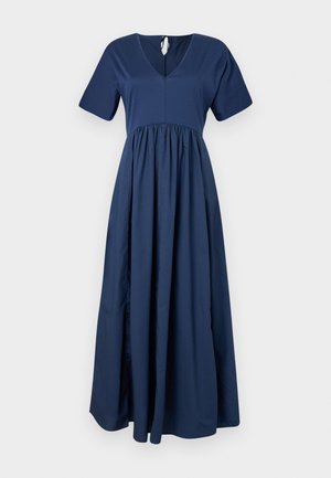 Robes maxi bleu marine à manches courtes, décolleté en V et taille froncée. Réalisée en tissu doux avec une silhouette fluide et une fermeture à nouer dans le dos.