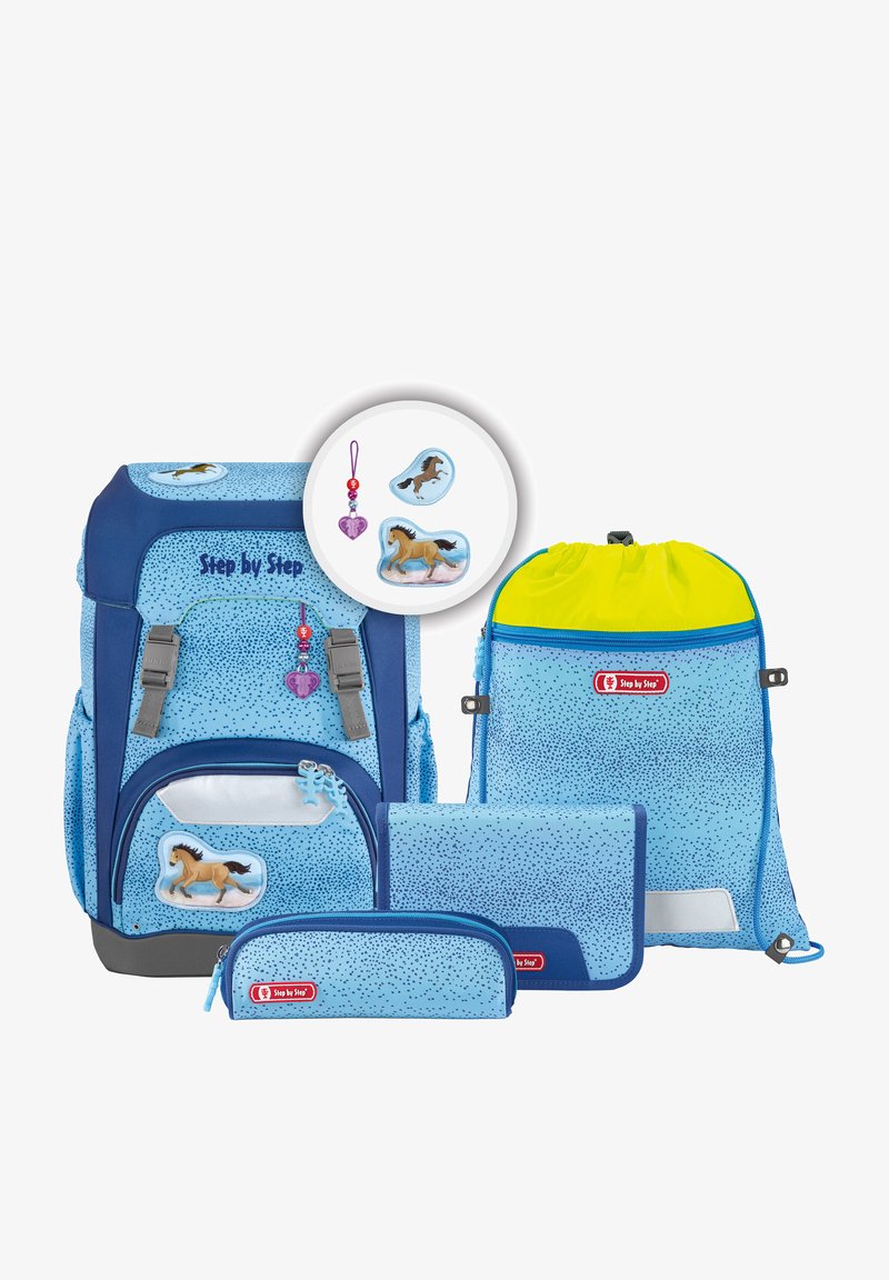 Blue school backpack set with polka dot texture, includes a large backpack, drawstring bag, pencil case, and wallet. Features horse motifs.