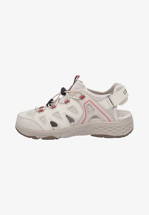 Letvægts beige udendørs sko med netpaneler, pink accenter, elastiske snørebånd og en polstret sål. Har en krog- og løbemaske til sikker pasform.