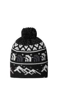 Berretto lavorato a maglia bianco e nero con pom-pom, caratterizzato da motivi di montagne e animali, texture morbida e vestibilità aderente.