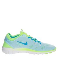 Light blue athletic shoe with green accents, mesh upper, patterned texture, and white sole. Features blue laces and logo on the side.