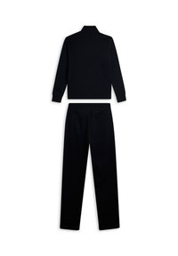 Conjunto deportivo de dos piezas en negro que incluye una chaqueta con cremallera y cuello, y pantalones a juego. La tela es lisa y tiene una textura suave.