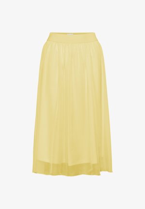 Sárga, pliszírozott midi szoknya puha, fényes textúrával és elasztikus derékpánttal, amely a kényelmet és a szabad mozgást szolgálja.