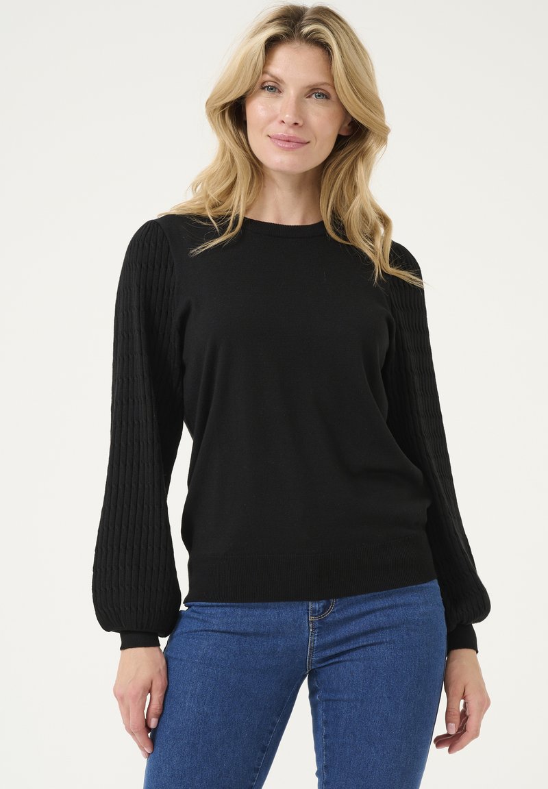 Schwarzer Pullover mit gerippten, puffförmigen Ärmeln und glattem Körper, aus einem weichen Strickmaterial gefertigt, mit Rundhalsausschnitt.