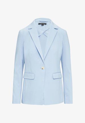 Light blue blazer with lapels, single button closure, two front pockets, and a smooth fabric texture. Tailored design with a slightly fitted shape.