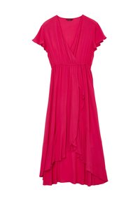 Robe courte rose vif à manches courtes avec décolleté en V, taille cintrée et ourlet asymétrique à volants, fabriquée en tissu léger et fluide.