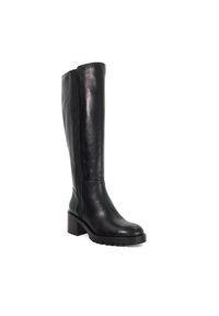 Black knee-high leather boot with block heel and rounded toe, featuring a textured sole for added grip.