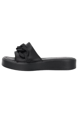 Black leather slide sandals with a thick platform sole, featuring a braided strap accent on the upper. Smooth texture and minimal design.