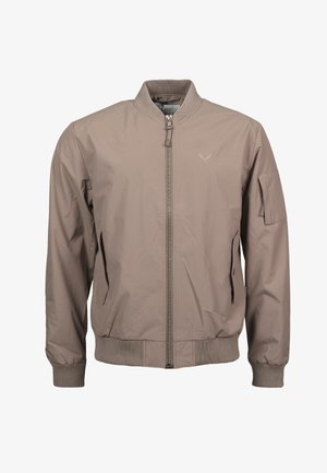 Taupe värvi bomber jakk, millel on esikinnis tõmblukuga, soonikkoeline krae, mansetid ja vöökoht, küljetaskud ning vasakul varrukal tõmblukuga tasku.