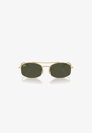 Gafas de sol con montura de metal dorado y lentes verde oscuro, forma rectangular, puntas de patilla transparentes y una barra de cejas en la parte superior de los lentes.