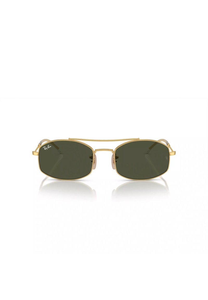 Occhiali da sole con montatura in metallo dorato e lenti verde scuro, forma rettangolare, punte delle astine trasparenti e una barra sopraccigliare sopra le lenti.