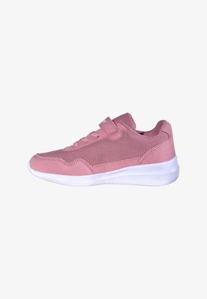 Rosa Sportschuh mit Mesh-Gewebe, Schnürung vorne, Klettverschluss und weißer Sohle, seitlich auf weißem Hintergrund abgebildet.