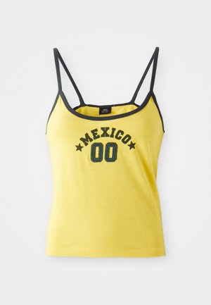 Geel tanktop met zwarte bies, met "MEXICO" en "00" in groene borduursel en sterren. Gemaakt van lichte stof, verstelbare banden.