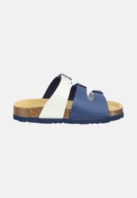 Sandal aperto con suola in sughero, cinturini in pelle blu e bianca, e fibbie metalliche regolabili su una suola piatta in gomma nera.