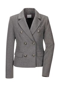 Grauer doppelt geknöpfter Blazer aus Wolle mit metallischen Knöpfen, spitzen Revers und zwei vorderen Taschen. Glatte Textur, taillierte Passform.