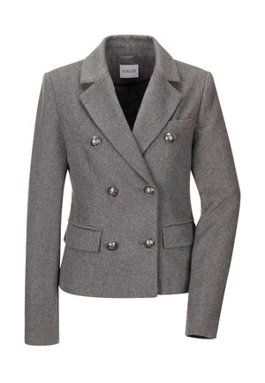 Grauer doppelt geknöpfter Blazer aus Wolle mit metallischen Knöpfen, spitzen Revers und zwei vorderen Taschen. Glatte Textur, taillierte Passform.