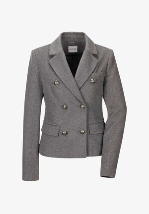 Grijze dubbelzijdige blazer van wol, met metalen knopen, pieken op de revers en twee voorzakken. Glad textuur, op maat gemaakte pasvorm.